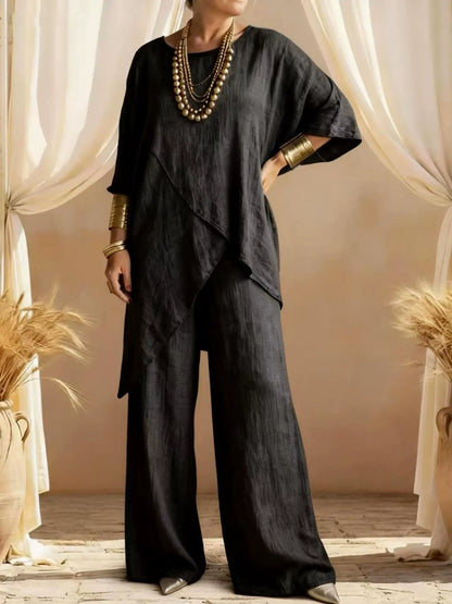 Ensemble deux pièces asymétrique en lin pour femmes – Tunique superposée oversize et pantalon large, ensemble décontracté d'été style bohème