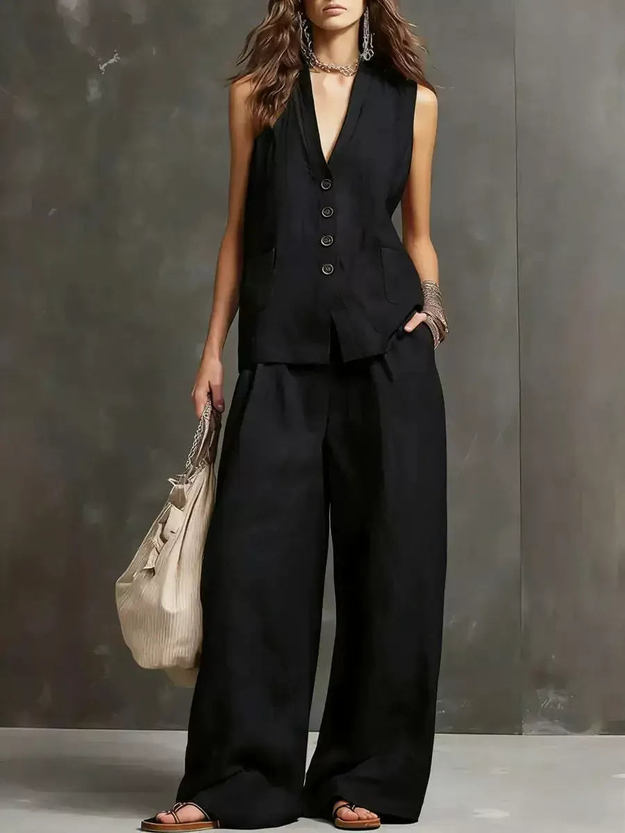 Ensemble chic coordonné d'été pour femme – Gilet en lin rose poudré et pantalon palazzo fluide, tenue de villégiature élégante deux pièces