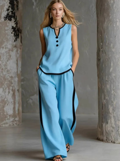 Chic Contrast Trim Knit Lounge Set - Sleeveless V-Neck Tank Top & High-Waist Wide Leg Pants 2-Piece Set