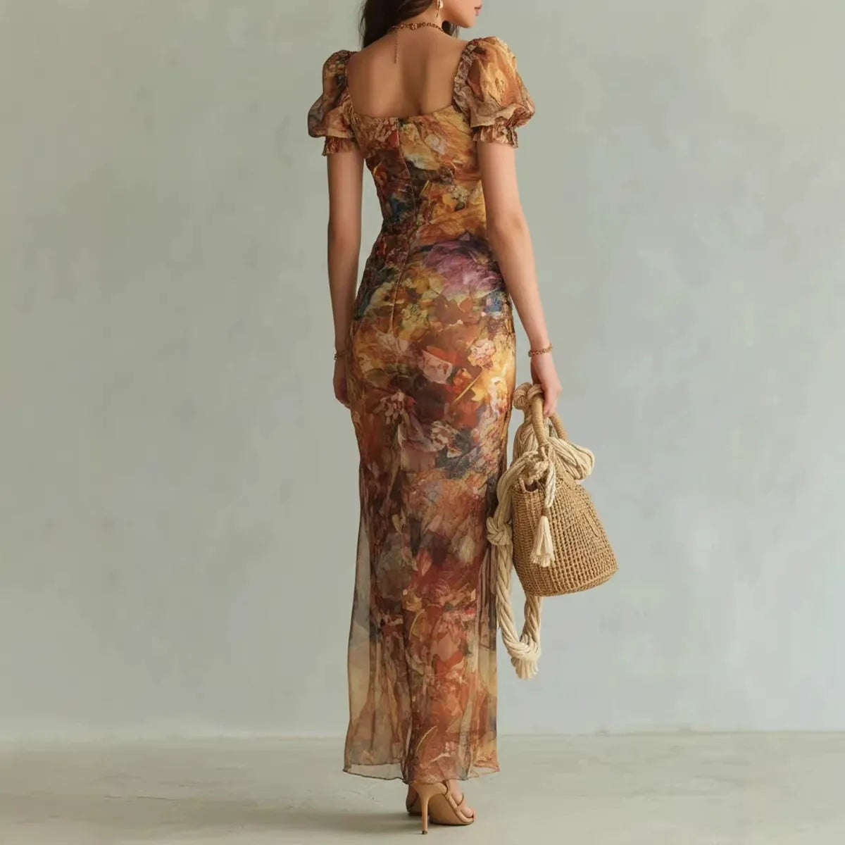 Robe longue en mousseline florale bohème pour femme – Robe fendue froncée à encolure en cœur