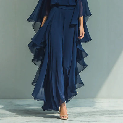 Ensemble décontracté plissé bleu marine | Pantalon Palazzo taille haute à volants et ensemble élégant