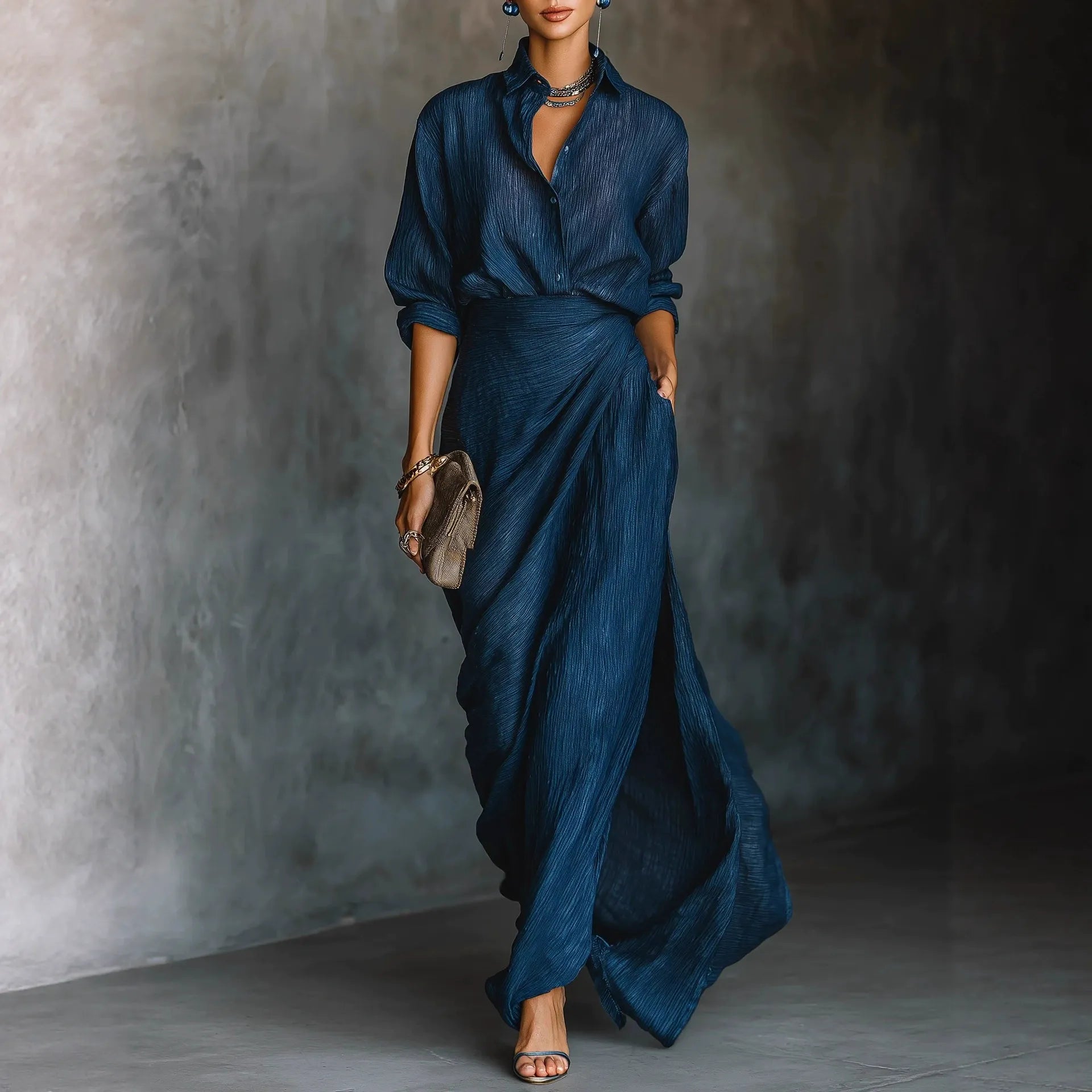 Quiet Luxury Crinkle Texture Dress | High Waist Asymmetric Long Sleeve Dress