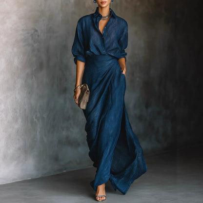 Quiet Luxury Crinkle Texture Dress | High Waist Asymmetric Long Sleeve Dress
