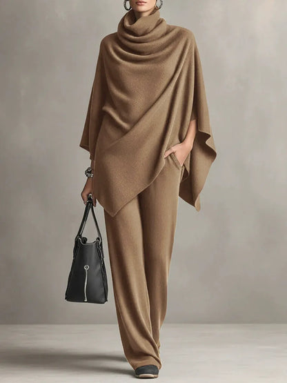Elegant Cowl Neck Poncho & Wide-Leg Pants 2-Piece Knit Set