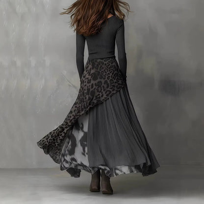 Robe longue en tricot côtelé épissé | Robe de soirée léopard asymétrique élégante à taille haute