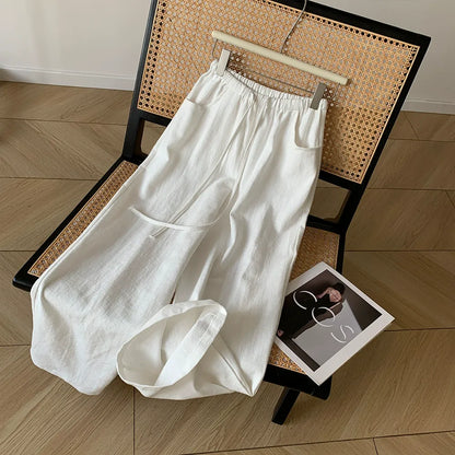 High-Waisted Linen Cotton Blend Drawstring Pants | Breathable Relaxed Fit Trousers