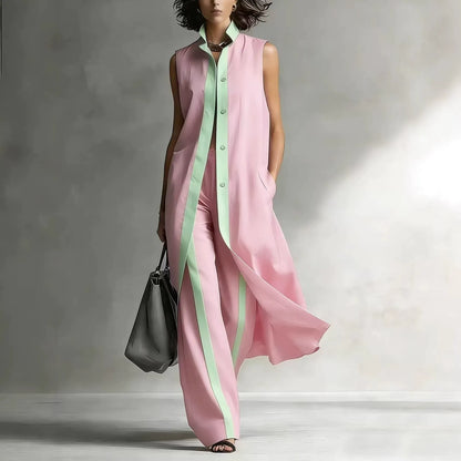 Women's Color Block 2-Piece Lounge Set | Casual Longline Sleeveless Cardigan & Wide Leg Pants Suit