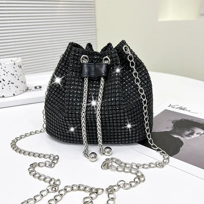 Glamorous Rhinestone Drawstring Bucket Bag - Luxury Crystal Chain Shoulder Purse & Crossbody Bag