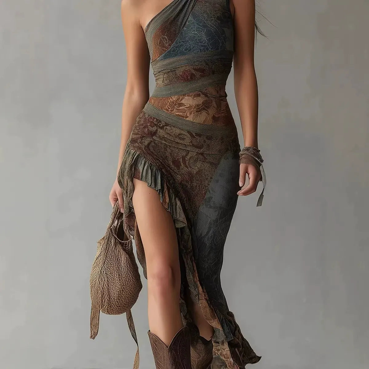 Grunge Boho One Shoulder Long Dress | Elegant Ruched Slim Fit Festival Maxi Dress
