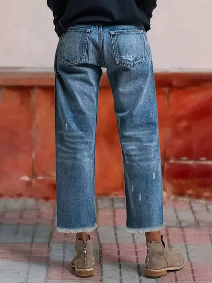 Vintage Washed Distressed Crop Jeans for Women - Loose Fit Raw Edge Trousers