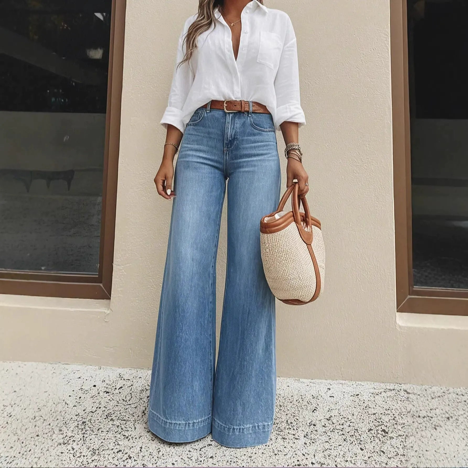 Vintage Washed Flare Jeans for Women - Flattering Elongated Palazzo Denim Trousers