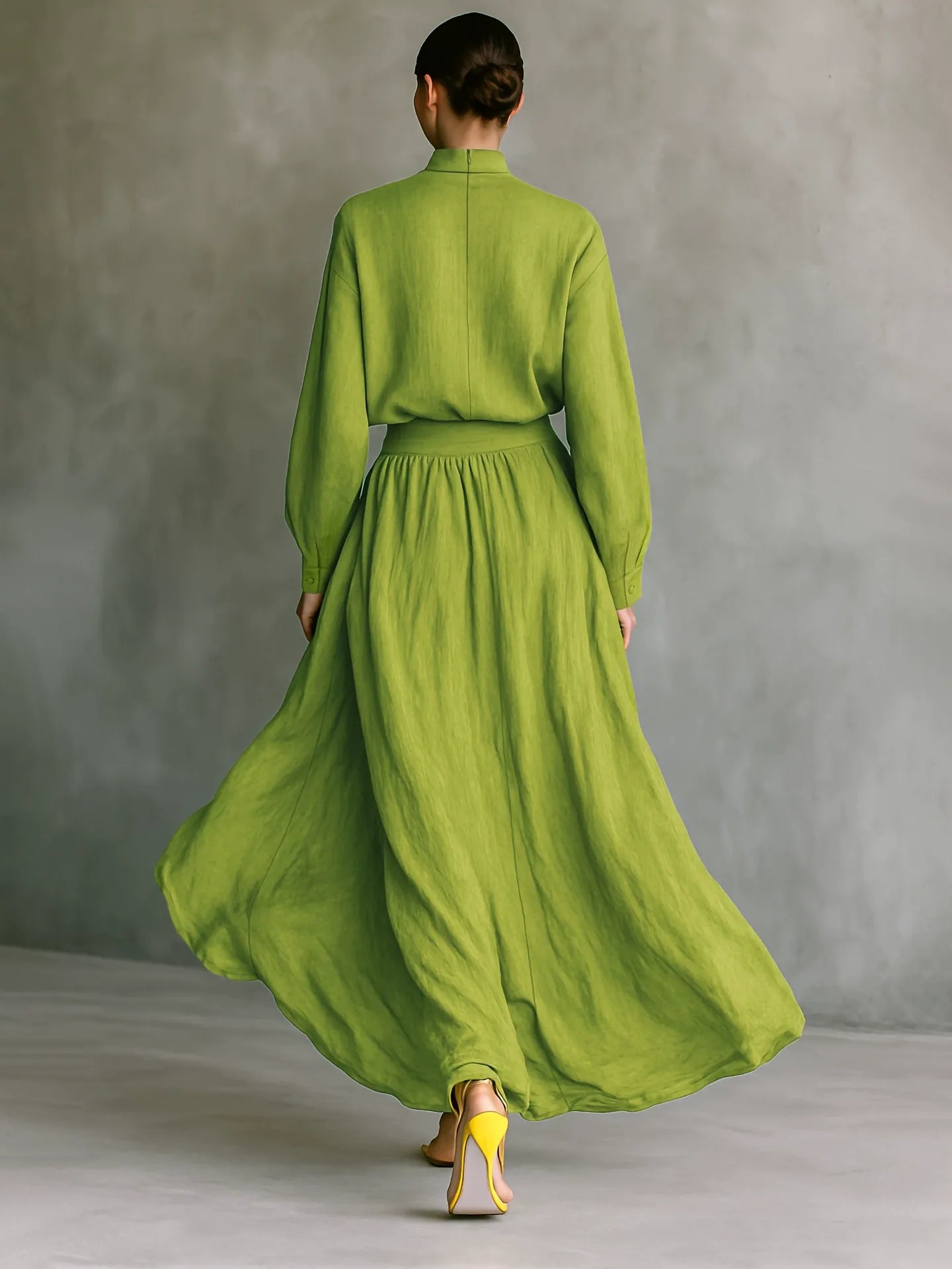 PromiseGift 2-Piece Summer Resort Set | Moss Green Textured Mock-Neck Blouse & High-Waist Maxi Skirt