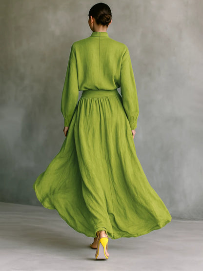 Ensemble deux pièces d'été PromiseGift | Blouse texturée à col montant et jupe longue taille haute vert mousse