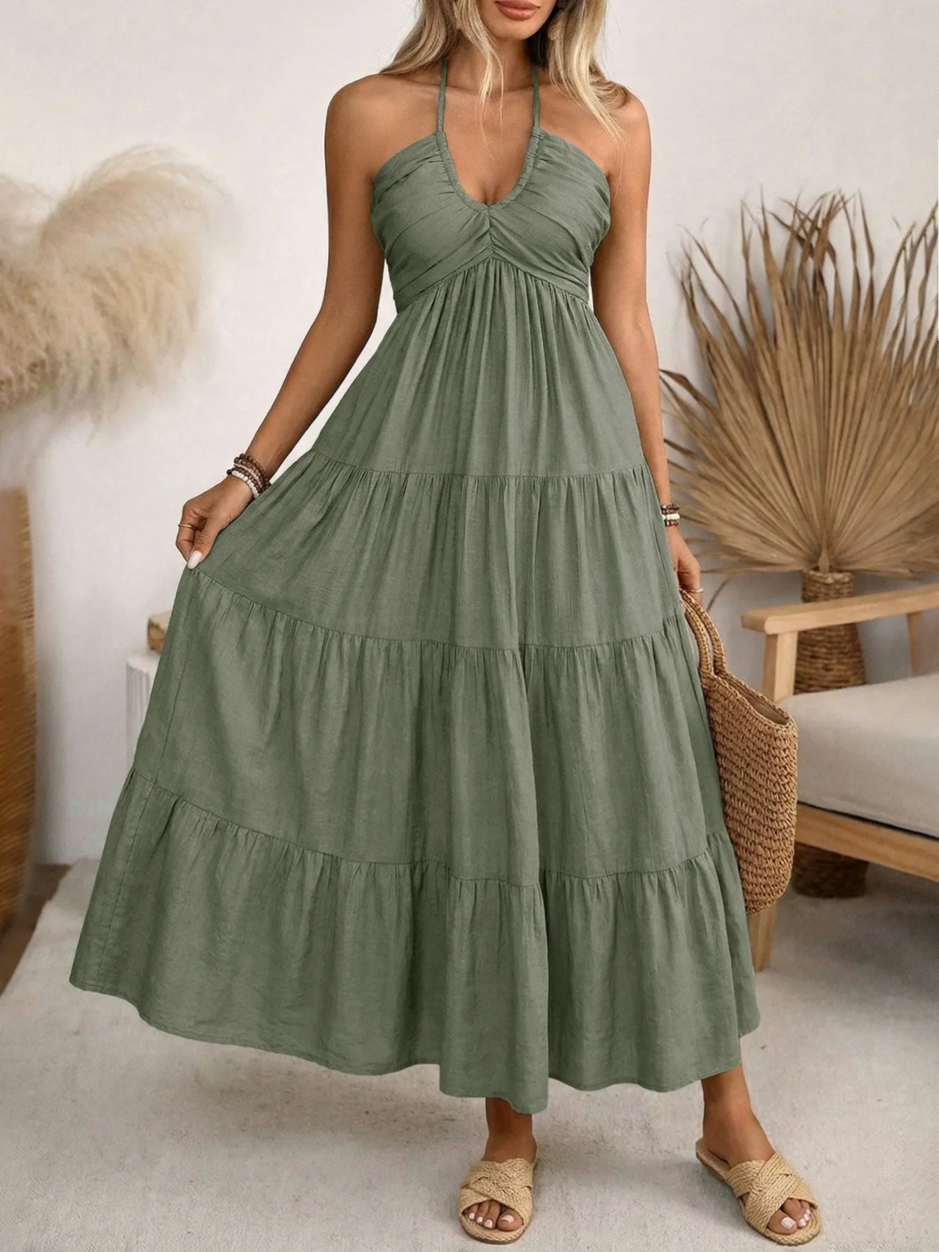 Bohemian Halter Neck Backless Maxi Dress - Ruched V-Neck Tiered Summer Beach Resort Long Sun Dress