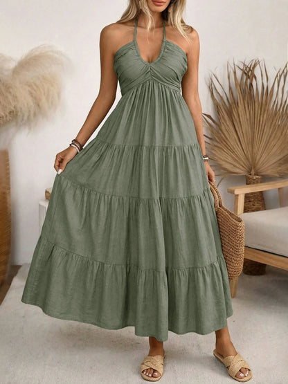 Bohemian Halter Neck Backless Maxi Dress - Ruched V-Neck Tiered Summer Beach Resort Long Sun Dress