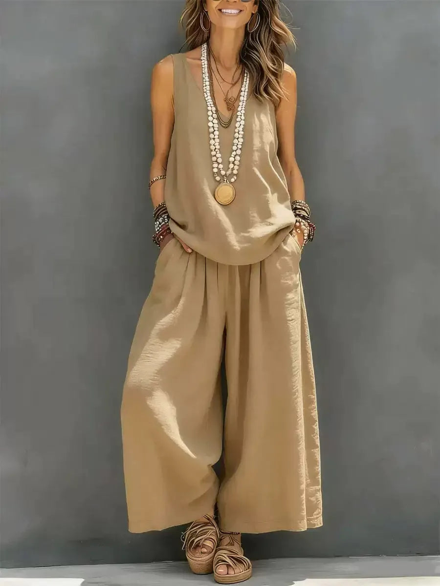 Boho Chic Sage Green Matching Set for Women – Relaxed Fit Tank & Flowy Culottes, Breezy Summer Beach Resort Wear 2 Piece Outfit