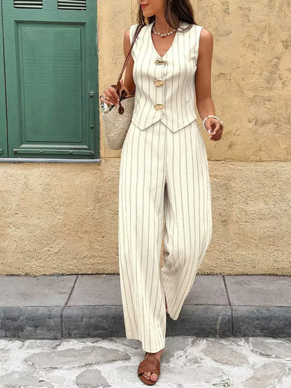 Ensemble 2 pièces PromiseGift | Gilet à rayures verticales crème et pantalon large