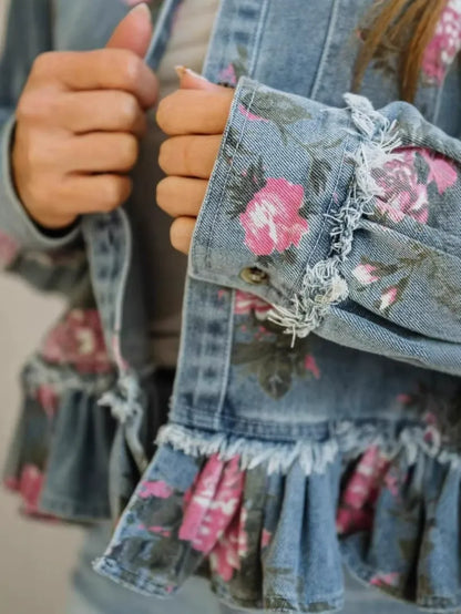 Vintage Rose Print Denim Blouse for Women - Elegant Flounce Trim Loose Fit Top