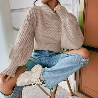 Chic Cable Knit Turtle Neck Sweater - Slouchy Lantern Sleeve Solid Pullover Knitwear