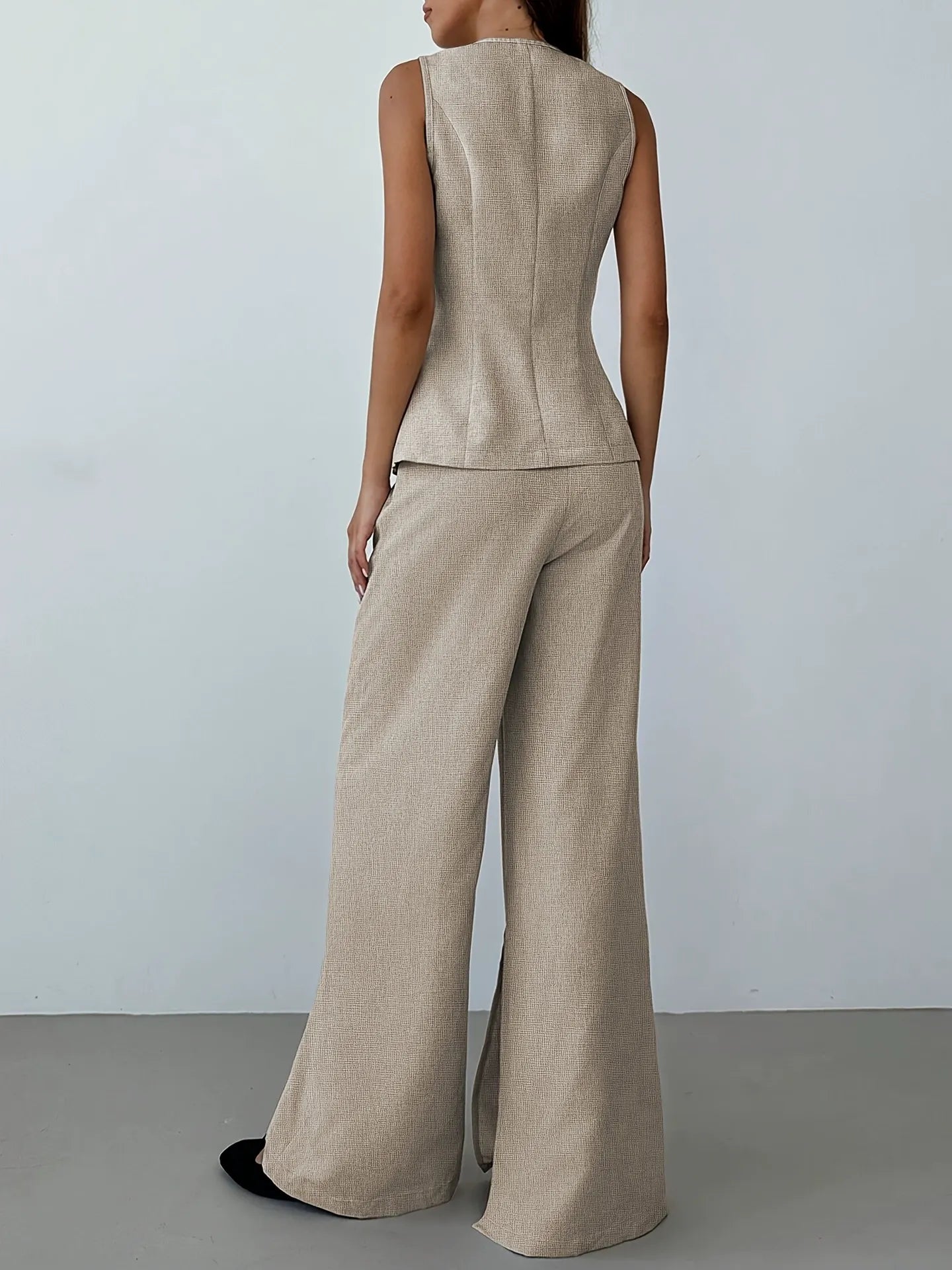 Ensemble de tailleur 2 pièces PromiseGift en imitation lin | Gilet col V et pantalon large fendu beige lin