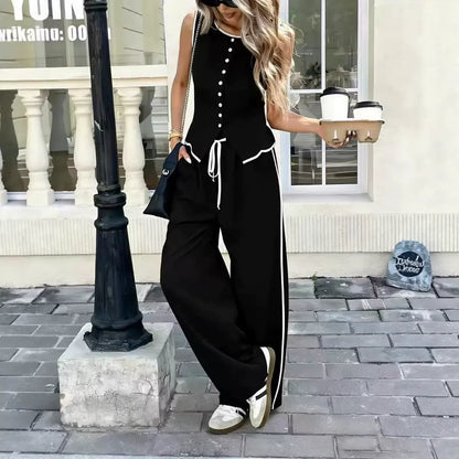 Riviera Contrast Piping Set | Tailored Button-Up Vest & Wide-Leg Pants