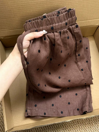 Vintage Polka Dot Embroidered Linen Pants | Casual High Waist Drawstring Loose Wide Leg Trousers