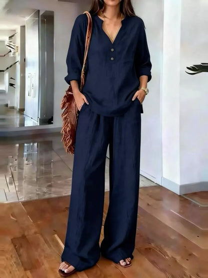 Ensembles deux pièces en mélange de lin pour femme – Haut tunique à manches longues avec col Henley en V et pantalon large, Ensemble coordonné décontracté pour les vacances d'été