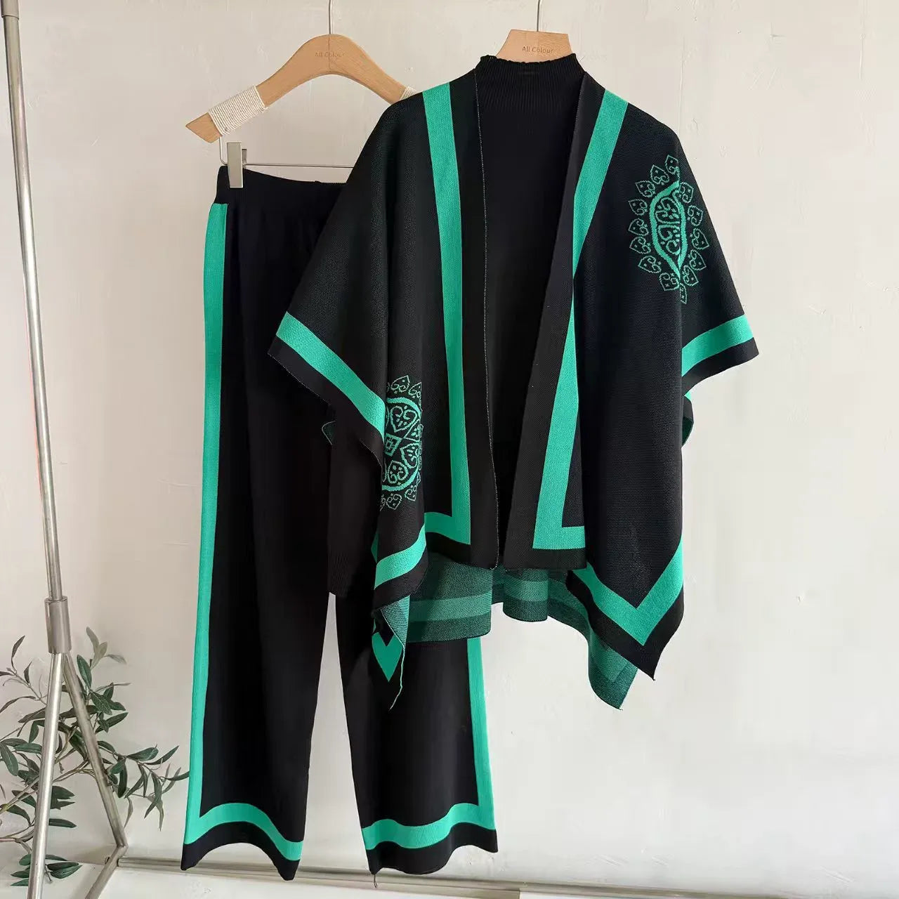 Old Money Geometric Knit 3-Piece Set | Sleeveless Mock Neck Vest Open Front Cardigan Shawl & Wide Leg Pants Suit
