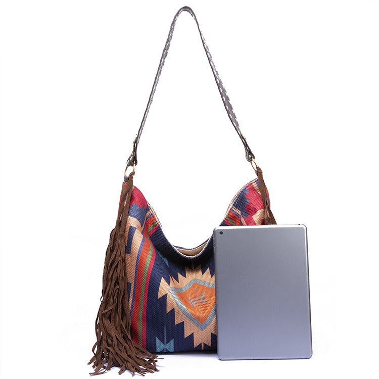 Vintage Southwestern Aztec Woven Shoulder Bag - Handmade Tribal Large Capacity Boho Tote with Leather Fringe