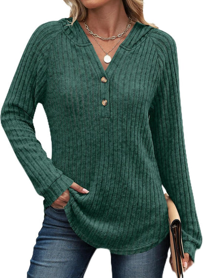 Women's Loose Fit Soft Knit Hooded Sweatshirt with Henley Buttons