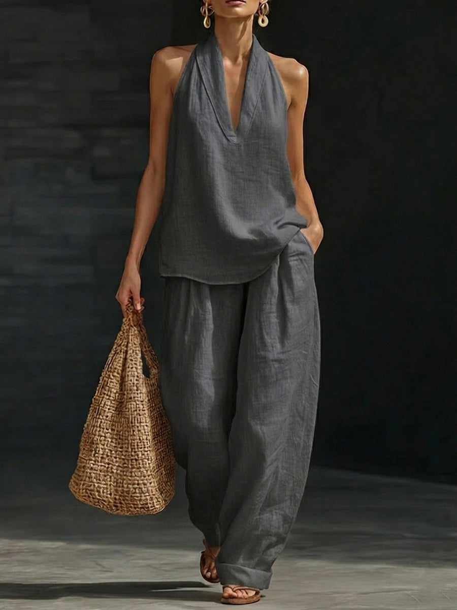 Ensembles deux pièces en mélange de lin pour femmes – Haut court licou sexy à col en V profond et pantalon large lanterne, ensemble coordonné décontracté pour les vacances d'été