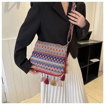 Bohemian Tribal Knit Crossbody Bag - Vintage Geometric Beach Shoulder Purse with Layered Tassels