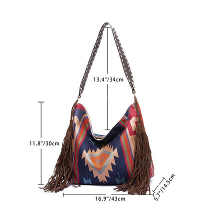 Vintage Southwestern Aztec Woven Shoulder Bag - Handmade Tribal Large Capacity Boho Tote with Leather Fringe