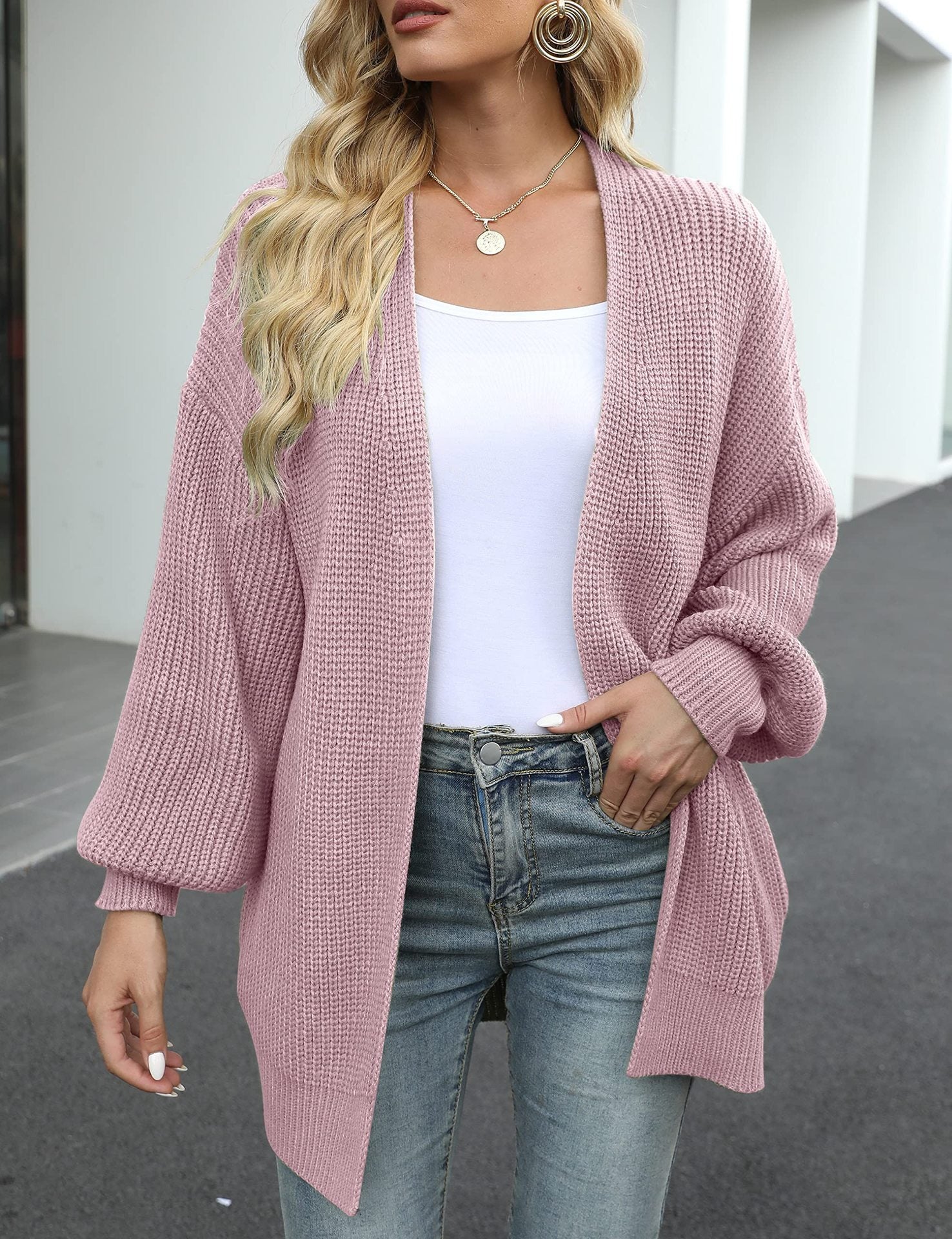 Chunky Knit Lantern Sleeve Cardigan - Loose Fit Open Front Slouchy Oversized Sweater Jacket