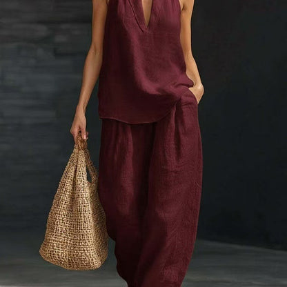Ensembles deux pièces en mélange de lin pour femmes – Haut court licou sexy à col en V profond et pantalon large lanterne, ensemble coordonné décontracté pour les vacances d'été
