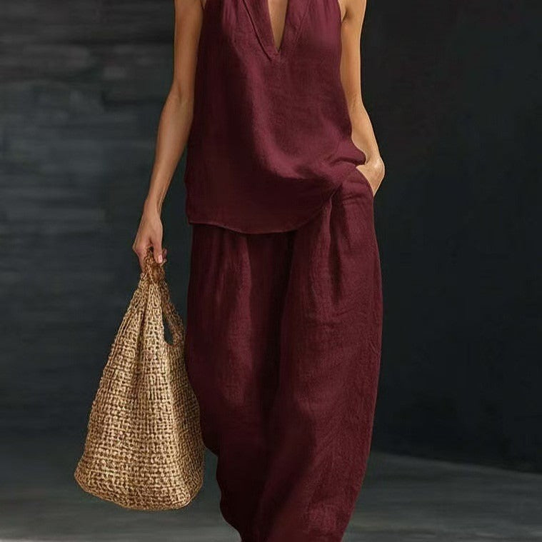 Ensembles deux pièces en mélange de lin pour femmes – Haut court licou sexy à col en V profond et pantalon large lanterne, ensemble coordonné décontracté pour les vacances d'été