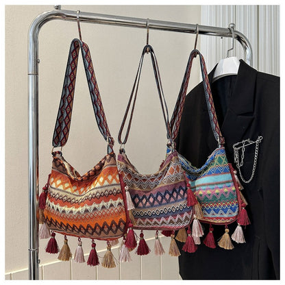 Bohemian Tribal Knit Crossbody Bag - Vintage Geometric Beach Shoulder Purse with Layered Tassels