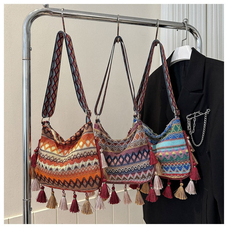 Bohemian Tribal Knit Crossbody Bag - Vintage Geometric Beach Shoulder Purse with Layered Tassels