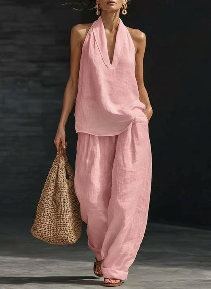 Ensembles deux pièces en mélange de lin pour femmes – Haut court licou sexy à col en V profond et pantalon large lanterne, ensemble coordonné décontracté pour les vacances d'été