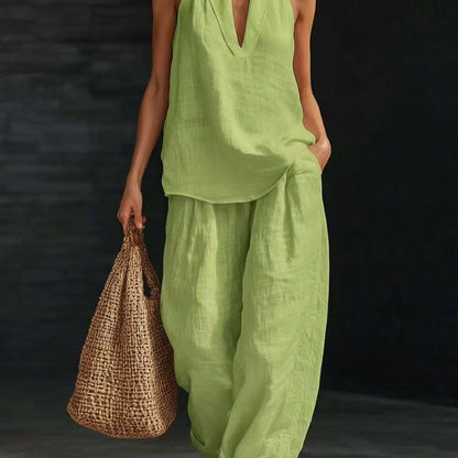 Ensembles deux pièces en mélange de lin pour femmes – Haut court licou sexy à col en V profond et pantalon large lanterne, ensemble coordonné décontracté pour les vacances d'été