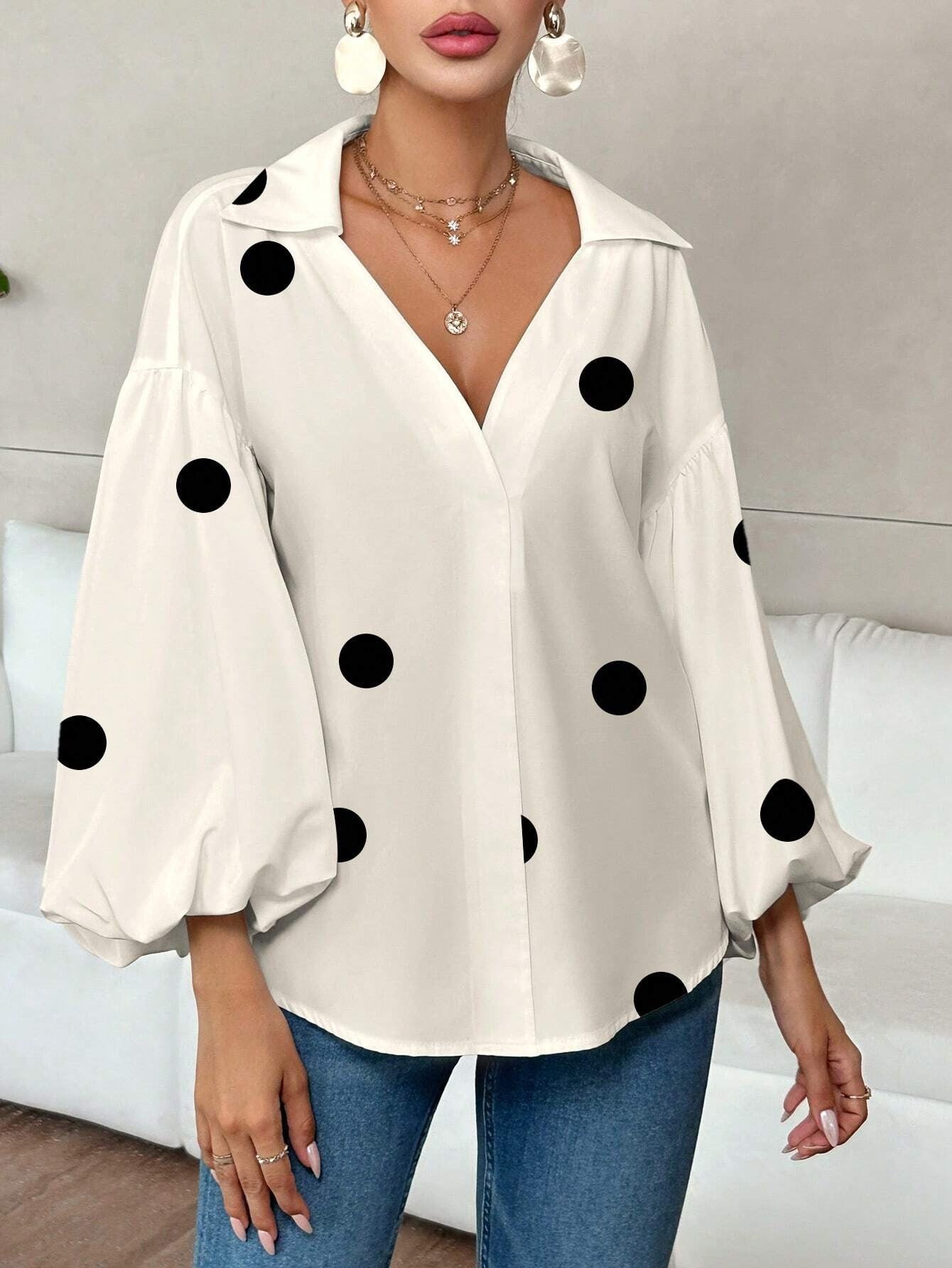 Polka Dot V-Neck Lantern Sleeve Blouse | Loose Fit Elegant Casual Pleated Shirt Top
