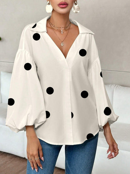 Polka Dot V-Neck Lantern Sleeve Blouse | Loose Fit Elegant Casual Pleated Shirt Top