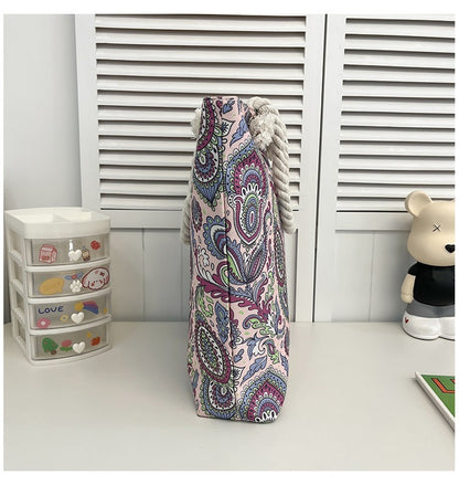 Bohemian Paisley Print Canvas Beach Tote Bag - Large Capacity Summer Vacation Travel Handbag with Rope Handles