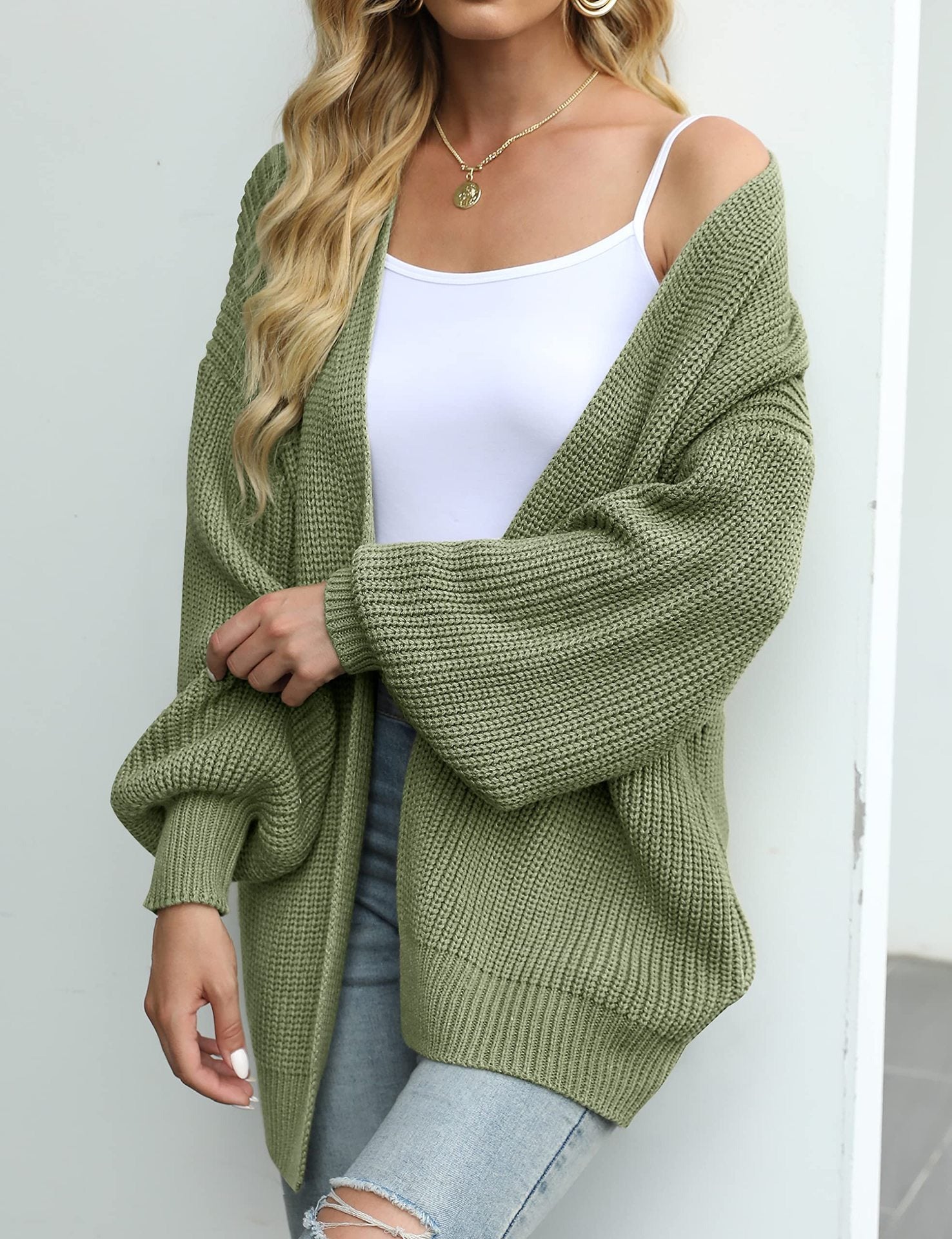 Chunky Knit Lantern Sleeve Cardigan - Loose Fit Open Front Slouchy Oversized Sweater Jacket