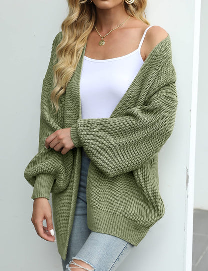 Chunky Knit Lantern Sleeve Cardigan - Loose Fit Open Front Slouchy Oversized Sweater Jacket