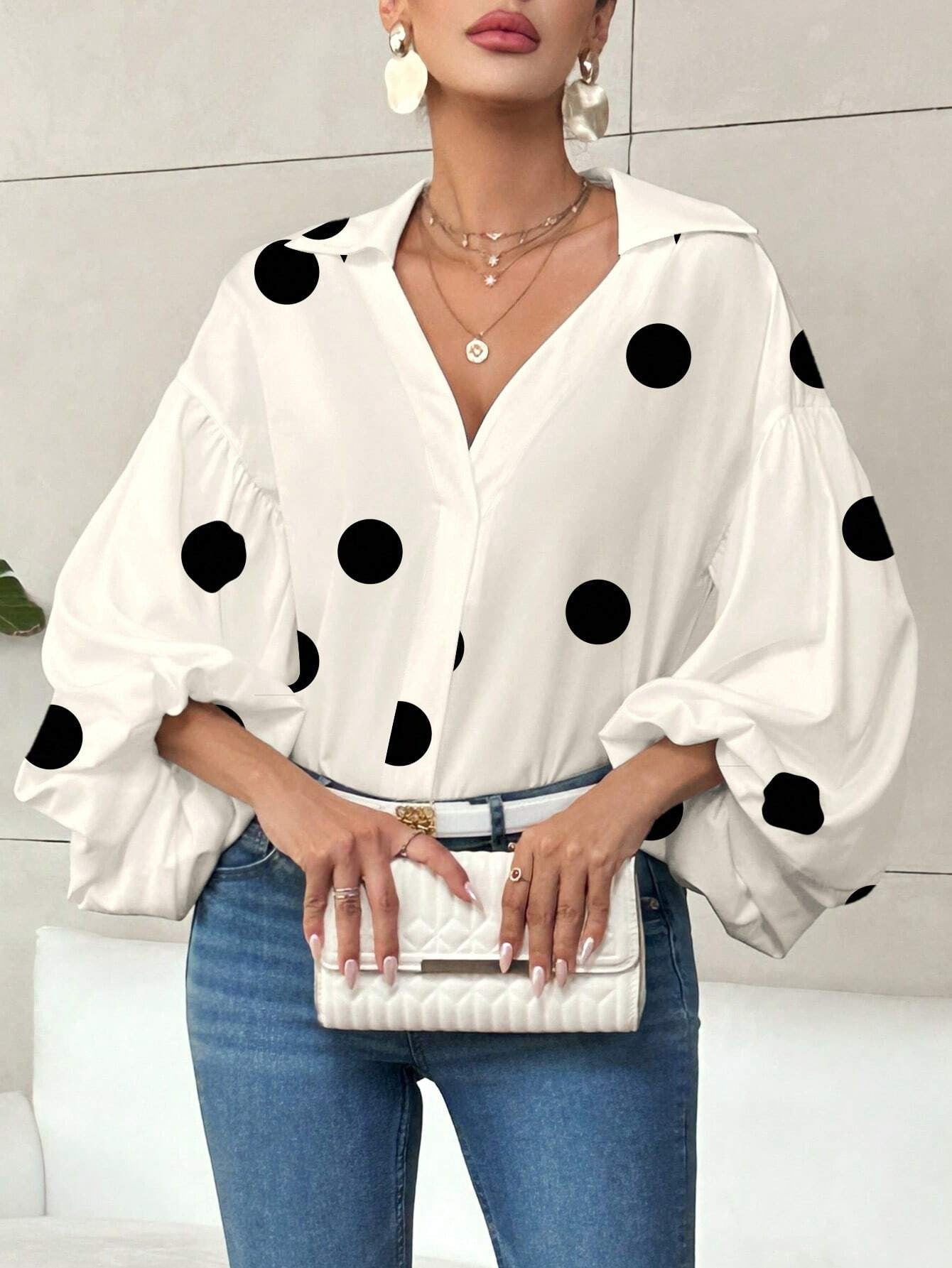 Polka Dot V-Neck Lantern Sleeve Blouse | Loose Fit Elegant Casual Pleated Shirt Top