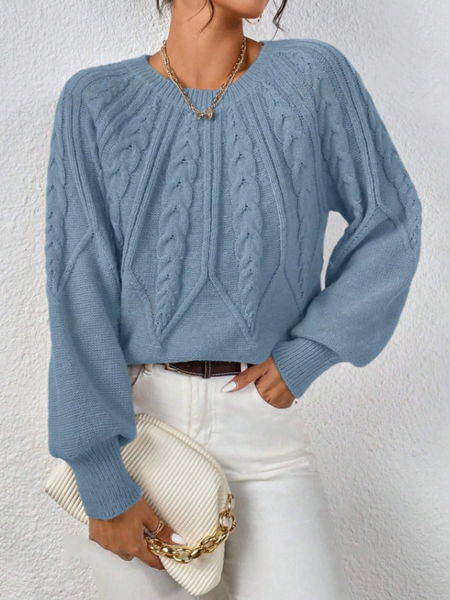 Women's Cable Knit Pullover Sweater | Casual Round Neck Long Sleeve Ribbed Jumper Top