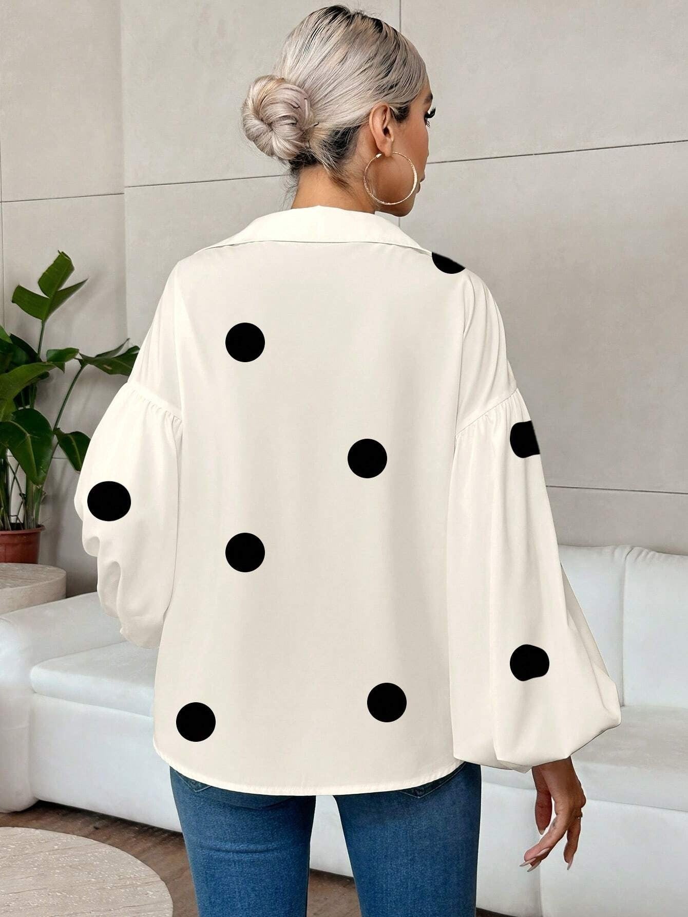 Polka Dot V-Neck Lantern Sleeve Blouse | Loose Fit Elegant Casual Pleated Shirt Top