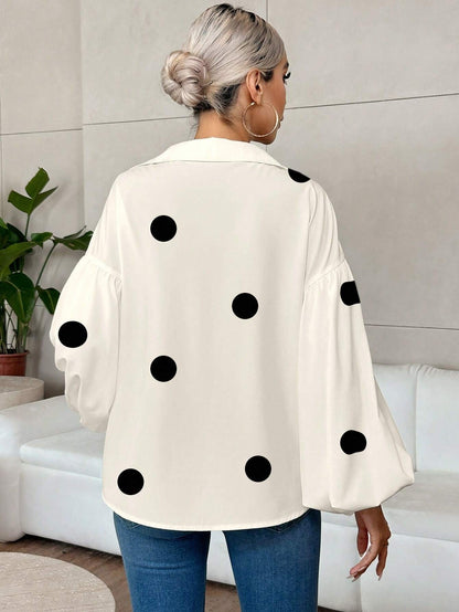 Polka Dot V-Neck Lantern Sleeve Blouse | Loose Fit Elegant Casual Pleated Shirt Top