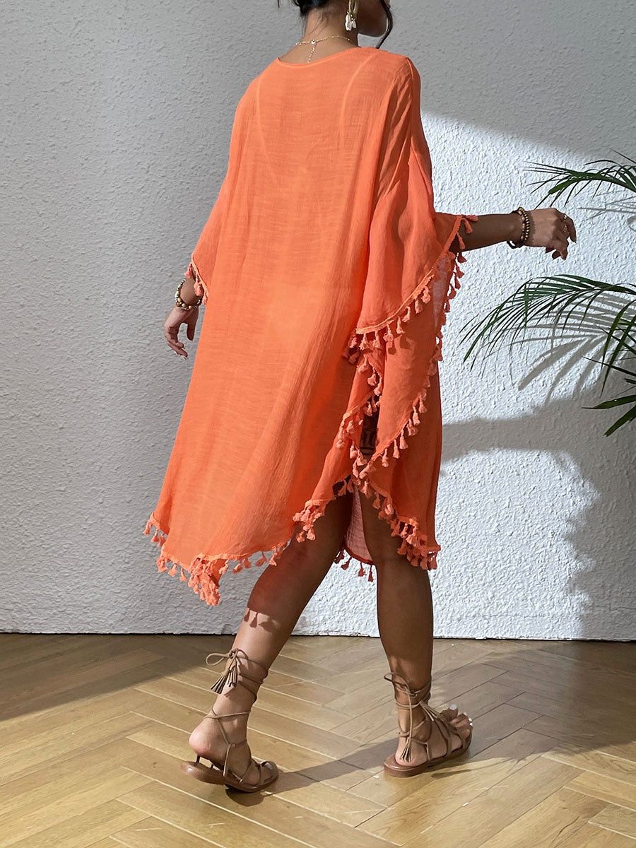 PromiseGift Caftan bohème en crochet et dentelle - Cache-maillot de plage blanc à pompons